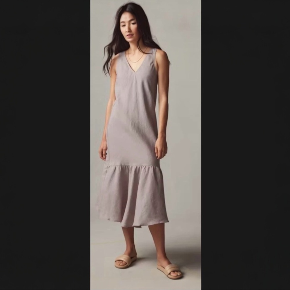 American Giant 100% Linen Midi Dress Neutral Taupe Sleeveless V-Neck Minimalist